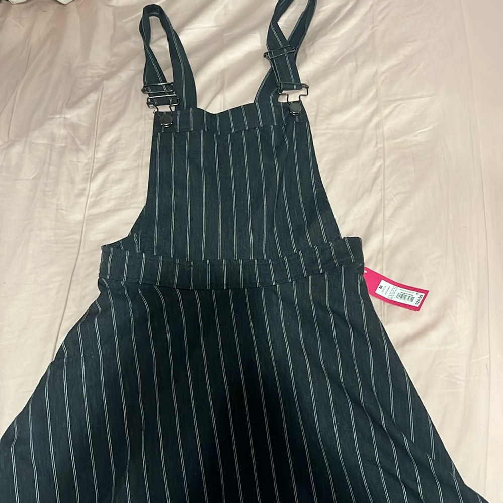 Thick Strap, Low Cut, Black Dress with Light White Stripes